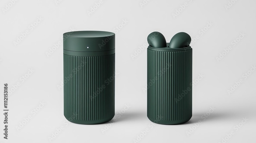Modern Wireless Earbuds and Charging Case on White Background Modern Wireless Earbuds and Charging Case on White Background