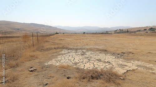 A parched desert landscape with cracked earth and dying vegetation portrays the severity of prolonged droughts due to climate change. photo