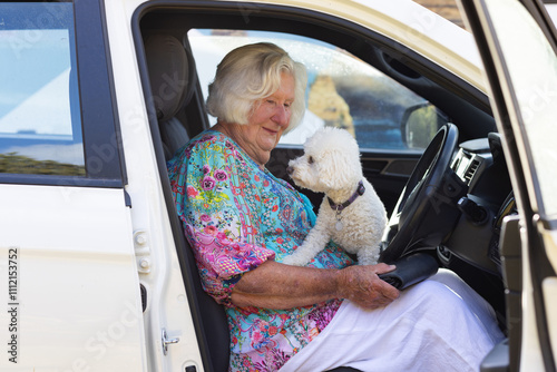 elderly lady driver with toy poodle on lap in drivers seat of car