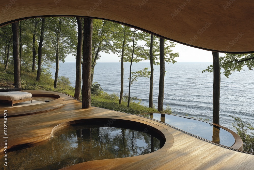 Fototapeta premium Modern architectural design with curved wooden elements showcasing a serene lakeside view surrounded by lush trees and inviting outdoor space for relaxation