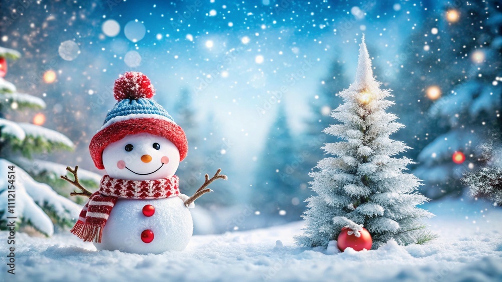 Merry christmas and happy new year greeting card with copy-space.Happy snowman standing in christmas landscape.Snow background.Winter fairytale.
Merry christmas and happy new year greeting card with copy-space.Happy snowman standing in christmas landscape.Snow background.Winter fairytale.