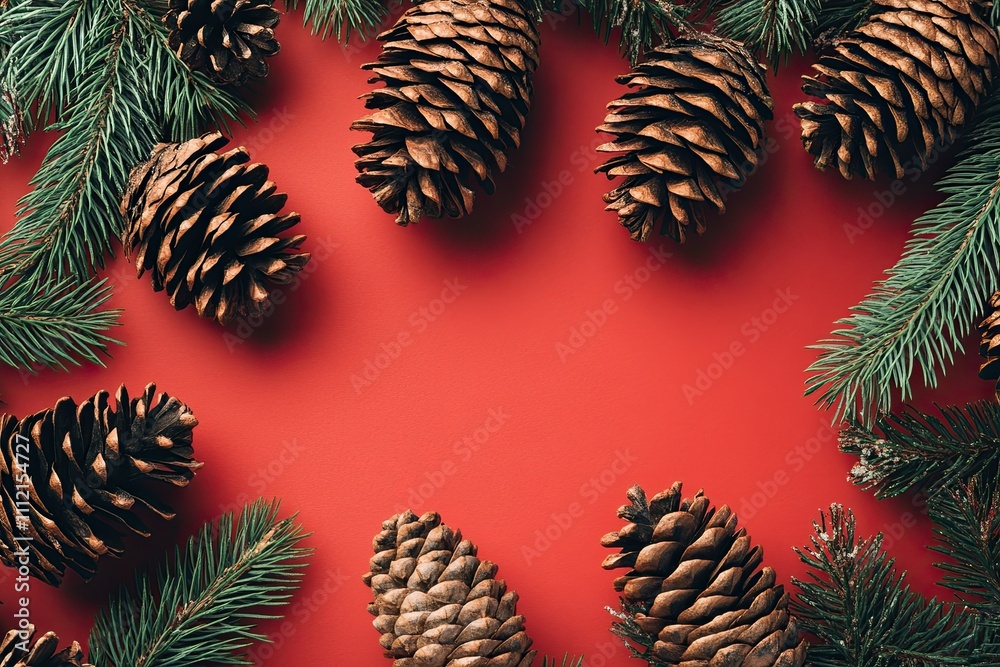 Naklejka premium Festive Charm: Pine Cones and Christmas Tree Branches on a Vibrant Red Backdrop