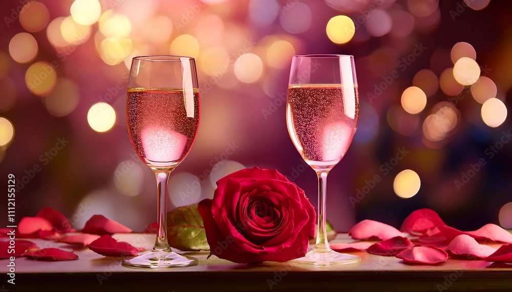 Two wine glasses and a heart-shaped rose against a romantic background. Two wine glasses and a heart-shaped rose against a romantic background.
