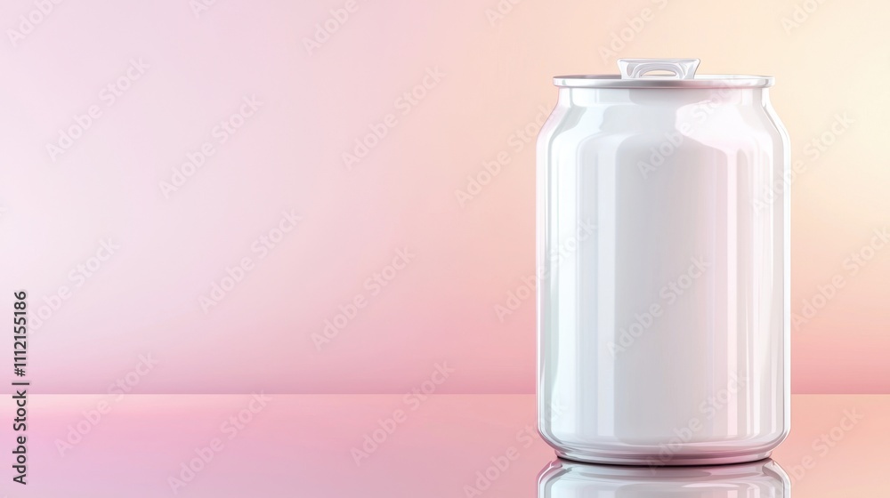 Food packaging can mock-up concept in a minimalist style. Blank white can on a reflective surface with a soft gradient background