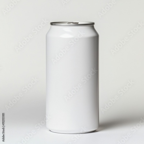 Food packaging can mock-up concept in a minimalist style. Blank white soda can on a light background