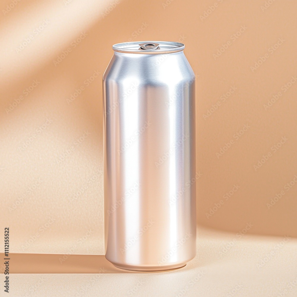 Food packaging can mock-up concept in a minimalist style. Shiny aluminum can on a soft pastel background Food packaging can mock-up concept in a minimalist style. Shiny aluminum can on a soft pastel background