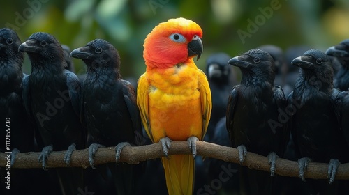 A vibrant, colorful parrot perched confidently among a group of black crows on a branch, representing the themes of individuality, diversity, and boldly standing out in a crowd