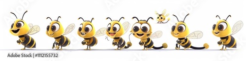 set of cute smiling cartoon bee characters in different poses against a white background