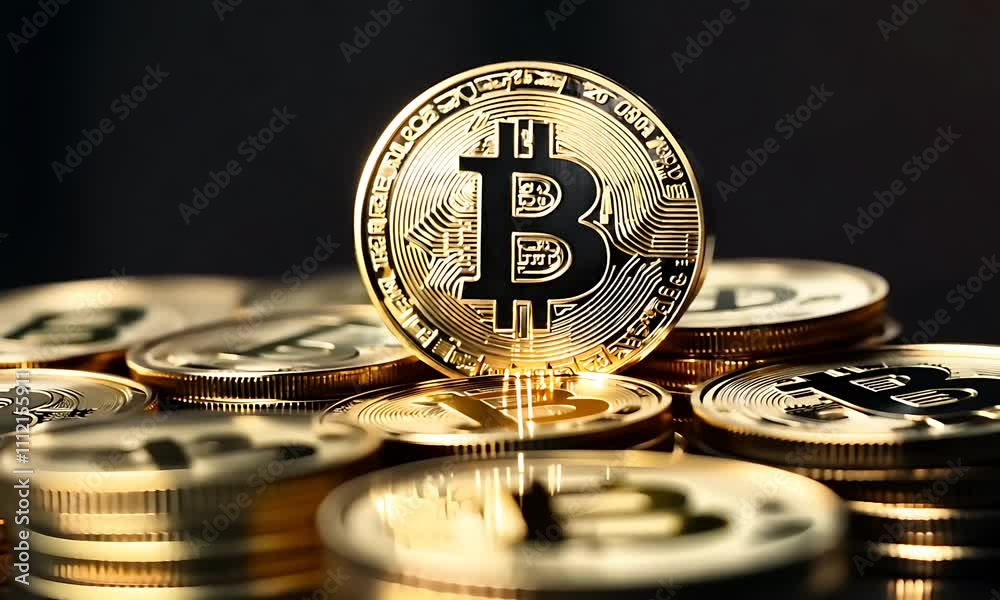 Bitcoin Coins Stacked on Black Background