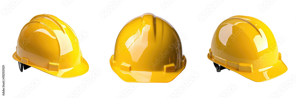 Fototapeta premium Construction materials equipment tools concept. Three yellow hard hats arranged neatly, ideal for construction, safety, or industrial themes. Represents protection and teamwork.