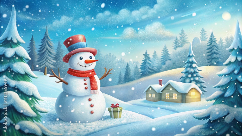 Merry christmas and happy new year greeting card with copy-space.Happy snowman standing in christmas landscape.Snow background.Winter fairytale.
Merry christmas and happy new year greeting card with copy-space.Happy snowman standing in christmas landscape.Snow background.Winter fairytale.