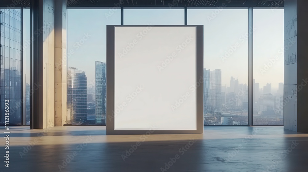 Blank poster mockup in a modern office space with city view. Blank poster mockup in a modern office space with city view.