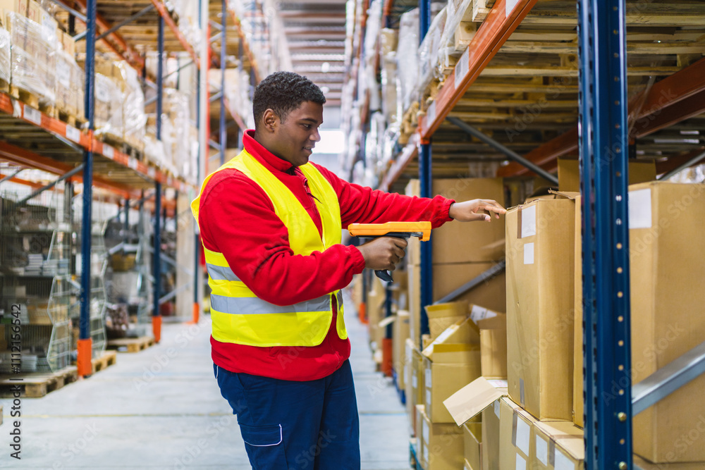 Warehouse worker scanning packages with barcode scanner Warehouse worker scanning packages with barcode scanner