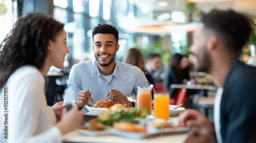 Coworkers having lunch break in cafeteria