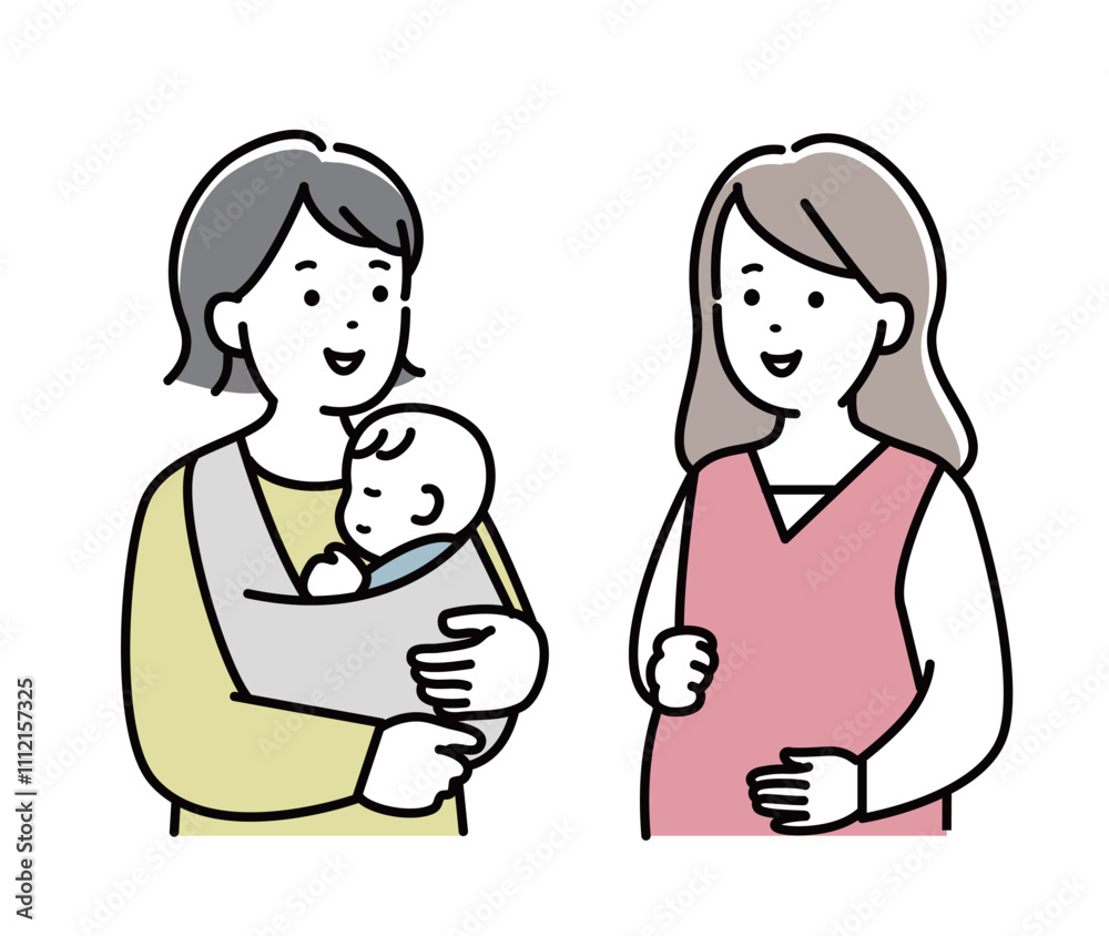 会話をする赤ちゃんを抱いたお母さんと妊婦さん 会話をする赤ちゃんを抱いたお母さんと妊婦さん