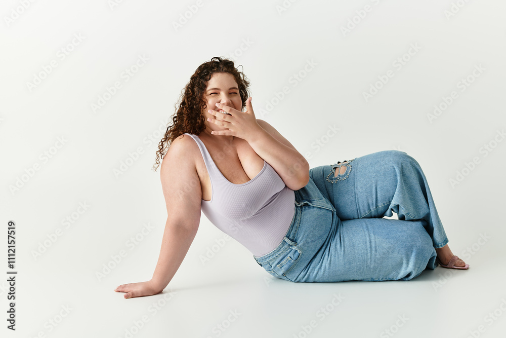 A stylish young woman lounges playfully, showcasing her fashionable attire in a bright setting. A stylish young woman lounges playfully, showcasing her fashionable attire in a bright setting.