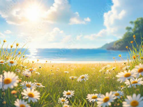 Generated flowery grassy field near a beach on the blurred background at morning. photo