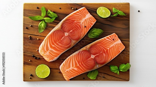 Raw salmon steaks on a wooden board isolated on a white background photo