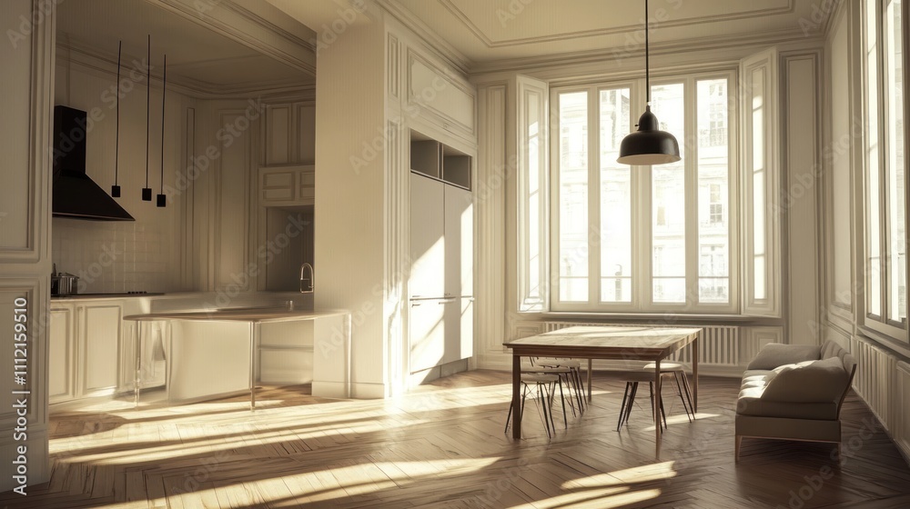 Sunlit Parisian apartment kitchen and dining area with hardwood floors. Sunlit Parisian apartment kitchen and dining area with hardwood floors.
