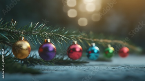 Christmas tree branch with multi colored baubles. Stop motion photo