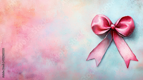 Delicate Watercolor Painting of a Heart Ribbon Bow on Pastel Colors and Blank Text Area photo