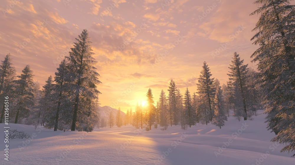 Winter Wonderland - Tranquil Sunset Casting Golden Light on Snow-Covered Forest in Ultra-Detailed Photorealistic Scene Winter Wonderland - Tranquil Sunset Casting Golden Light on Snow-Covered Forest in Ultra-Detailed Photorealistic Scene