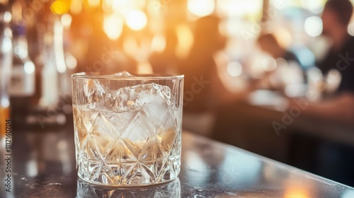 Cocktail close up in a bar setting. Blurred people in the background. Selective focus on the icy drink and glass.