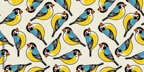Vector seamless pattern with colorful cute titmouses on light beige background