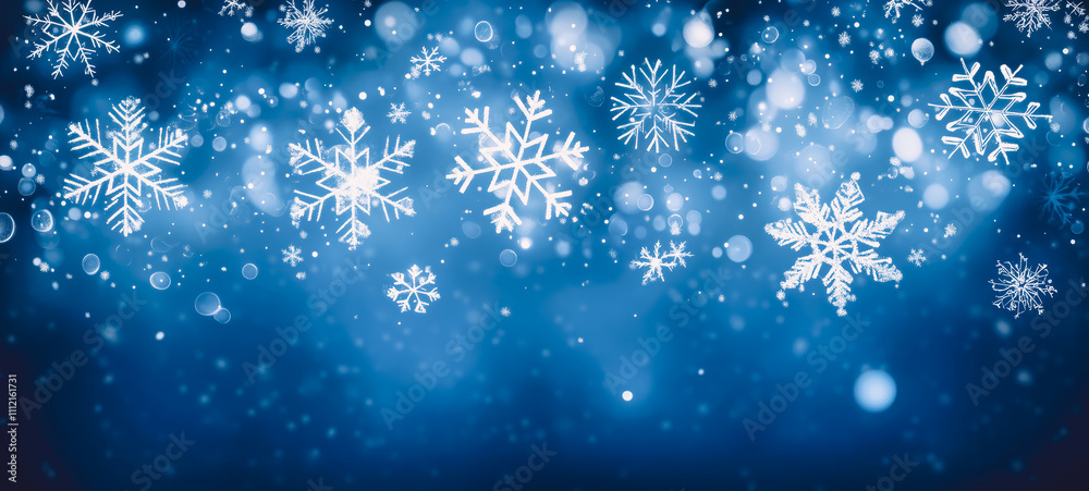 Closeup snowflakes falling on the blue background. Winter theme. Card and banner concept. Closeup snowflakes falling on the blue background. Winter theme. Card and banner concept.
