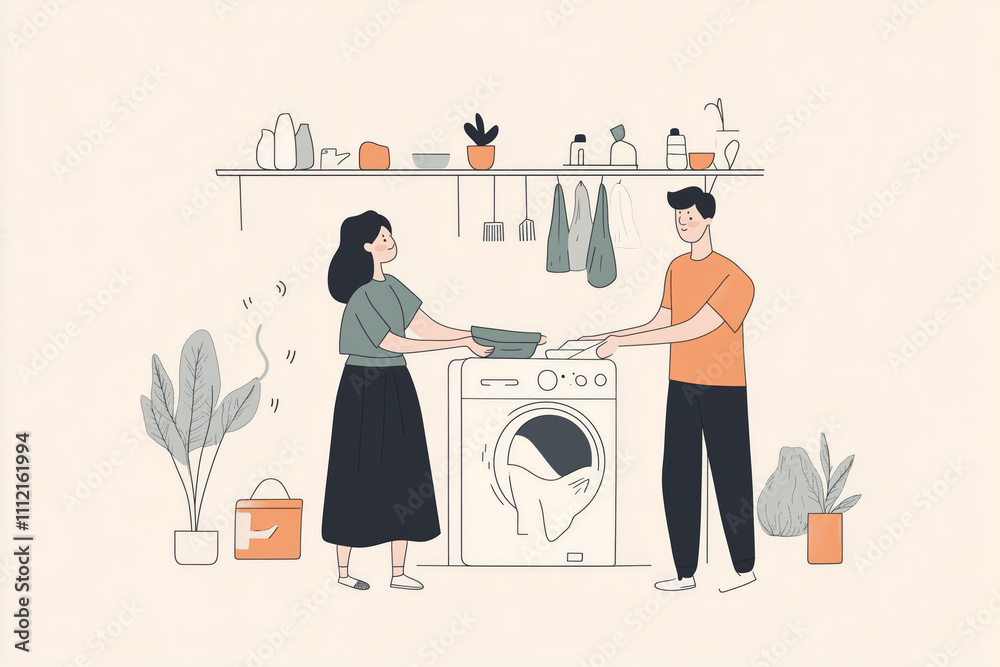 Couple doing laundry together in a cozy home setting with plants and organized shelves Couple doing laundry together in a cozy home setting with plants and organized shelves