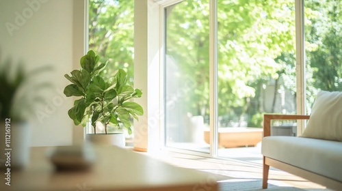 Bright living space with a plant and large windows offering natural light.