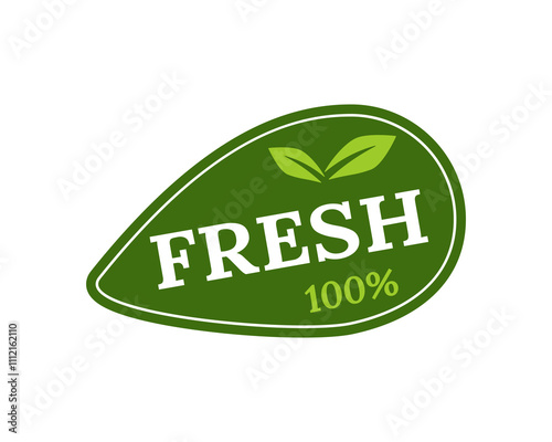 Green food badge featuring a simple leaf and ribbon icon, ideal for branding healthy, eco friendly, and farm fresh products with a focus on quality. photo