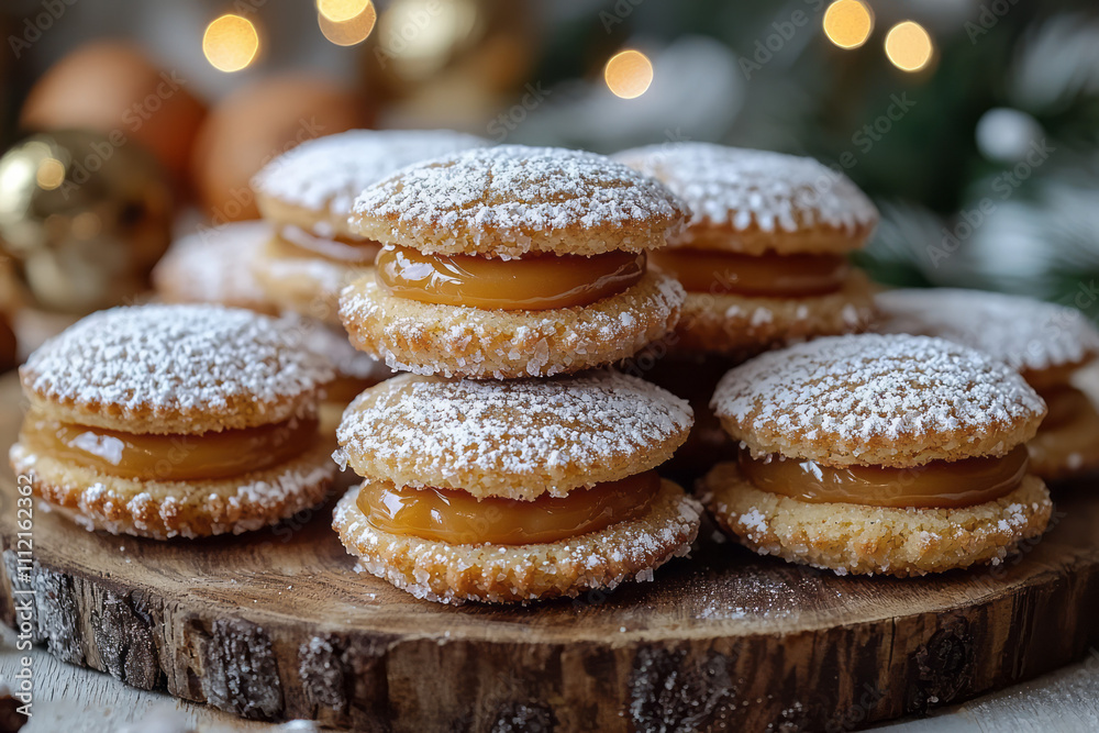 A close-up of golden walnut-shaped cookies filled with creamy caramel, dusted lightly with powdered sugar, arranged elegantly on a rustic wooden platter with a snowy white backdrop, A close-up of golden walnut-shaped cookies filled with creamy caramel, dusted lightly with powdered sugar, arranged elegantly on a rustic wooden platter with a snowy white backdrop,