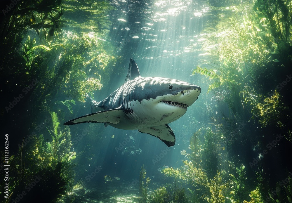Fototapeta premium Majestic Great White Shark Gliding Through a Sunlit Underwater Forest Surrounded by Vibrant Marine Life and Lush Algae in Clear Waters