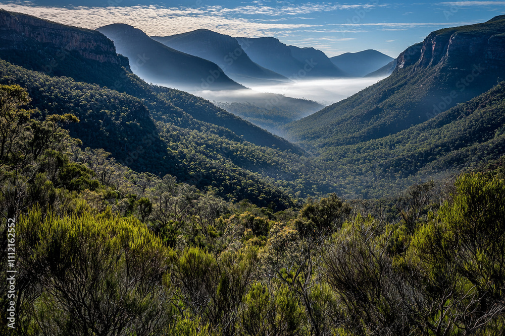 Fototapeta premium Majestic mountain valley with mist and greenery during daytime