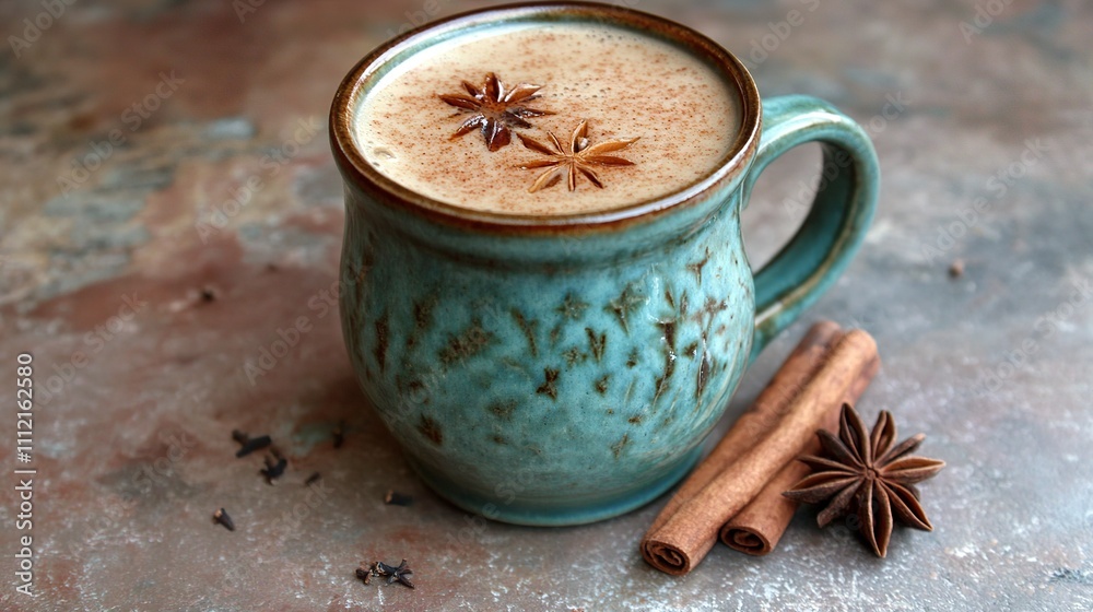 Spiced tea in a rustic mug with cinnamon and star anise. Spiced tea in a rustic mug with cinnamon and star anise.