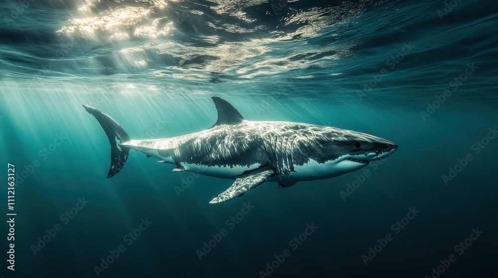 Fototapeta premium Majestic Great White Shark Gliding Through Turquoise Water Under Sunlight Rays in a Serene Ocean Environment