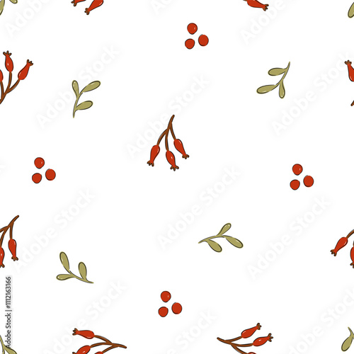 Hand drawn Christmas pattern featuring festive foliage and berries on a white background vector illustration
