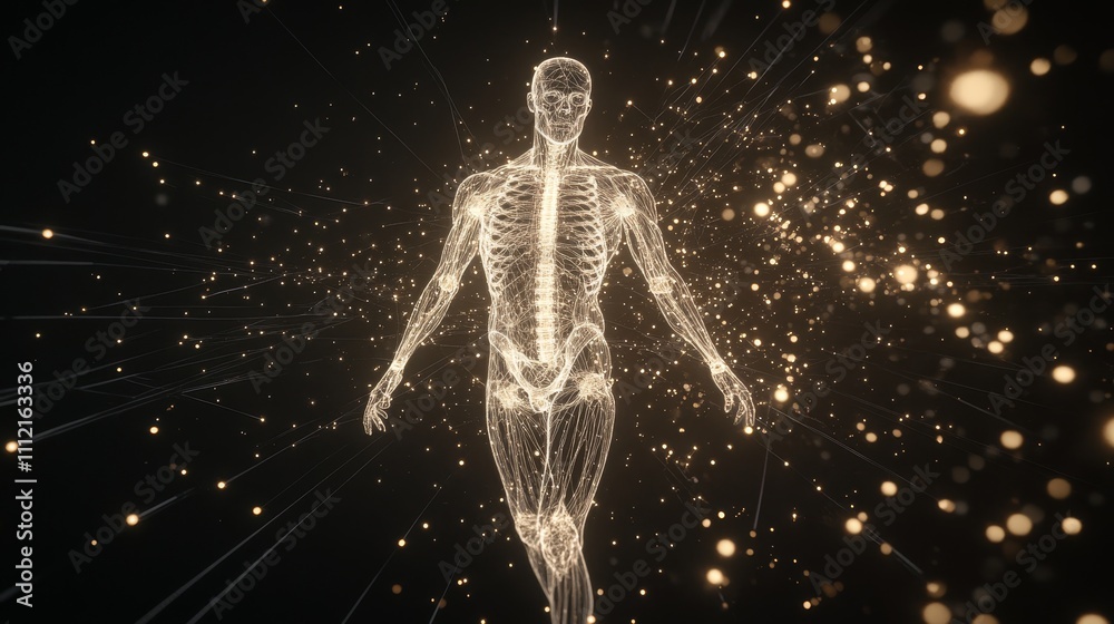 A holographic projection of a human body with glowing skeletal and muscular structures, floating on a black background with faint digital particles, Photorealistic A holographic projection of a human body with glowing skeletal and muscular structures, floating on a black background with faint digital particles, Photorealistic
