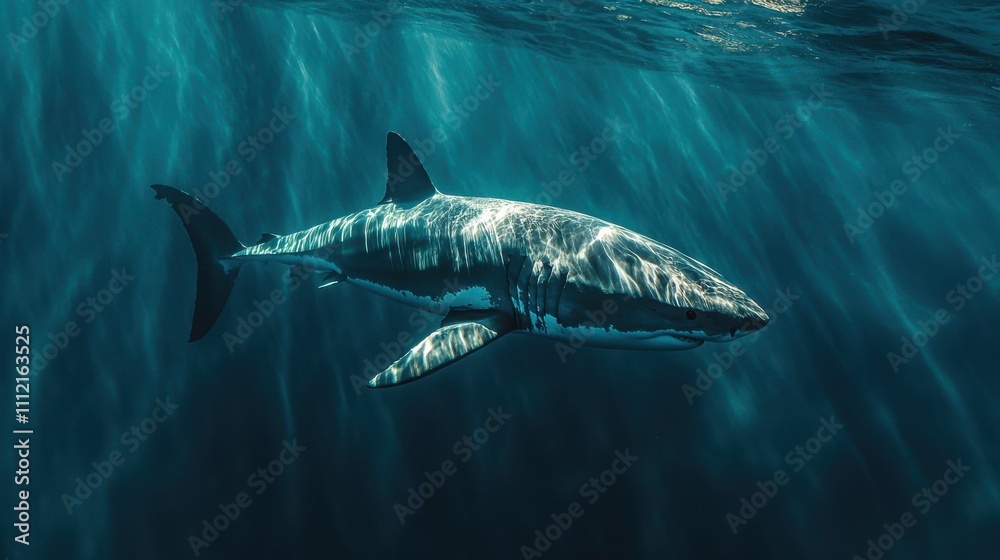 Naklejka premium Majestic Great White Shark Swimming Gracefully Beneath the Ocean Surface, Illuminated by Sunlight Filtering Through the Water, Showcasing its Power and Beauty