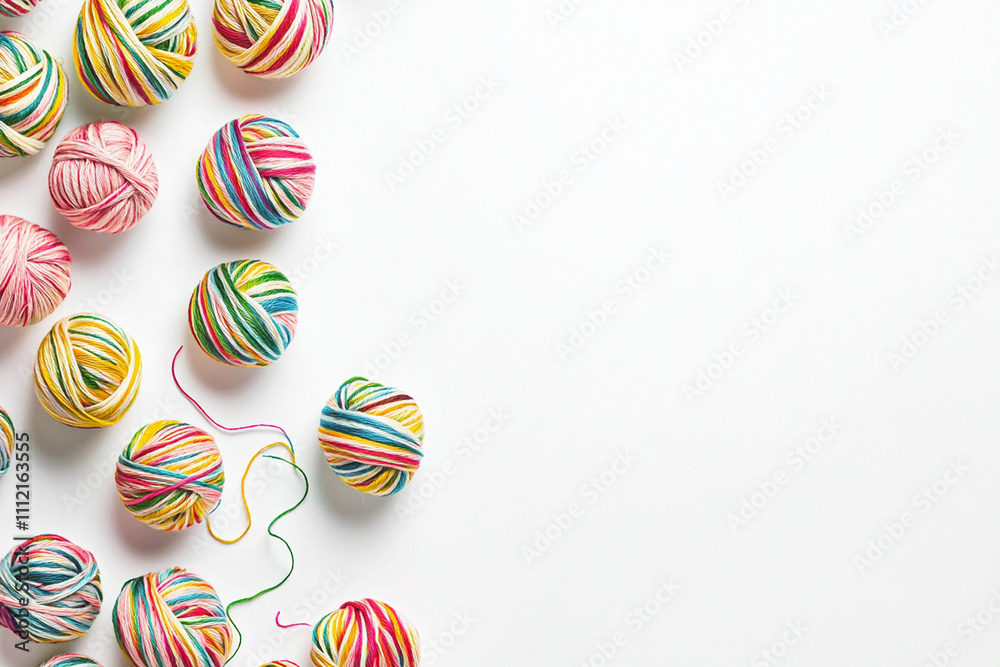 Fototapeta premium Colorful yarn balls arranged on a bright surface for crafting