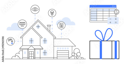 Modern house connected to smart devices including heating, security, lighting, and water. Spreadsheet with financial calculations and a gift box with ribbon. Ideal for home automation, technology