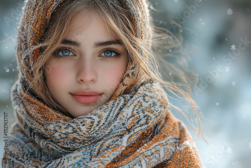 A young woman wrapped in a thick, woolen scarf with intricate patterns, her rosy cheeks glowing from the cold, standing in a snowy forest under soft sunlight,