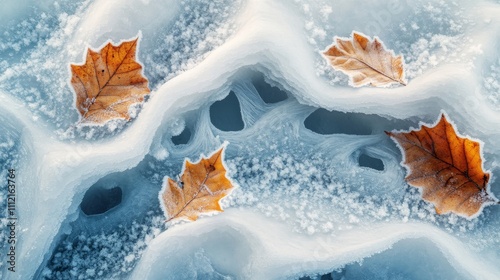 Frozen Leaves Embedded In Icy Water Patterns photo