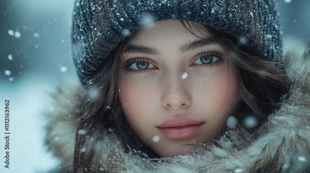 A minimalist winter aesthetic featuring a girl in a monochrome ushanka hat, with her face framed by the hat’s fur and a snowy urban landscape in soft focus behind her, A minimalist winter aesthetic featuring a girl in a monochrome ushanka hat, with her face framed by the hat’s fur and a snowy urban landscape in soft focus behind her,