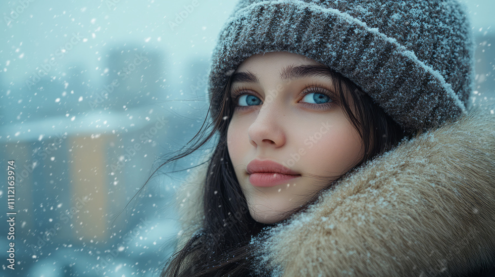 A minimalist winter aesthetic featuring a girl in a monochrome ushanka hat, with her face framed by the hat’s fur and a snowy urban landscape in soft focus behind her, A minimalist winter aesthetic featuring a girl in a monochrome ushanka hat, with her face framed by the hat’s fur and a snowy urban landscape in soft focus behind her,