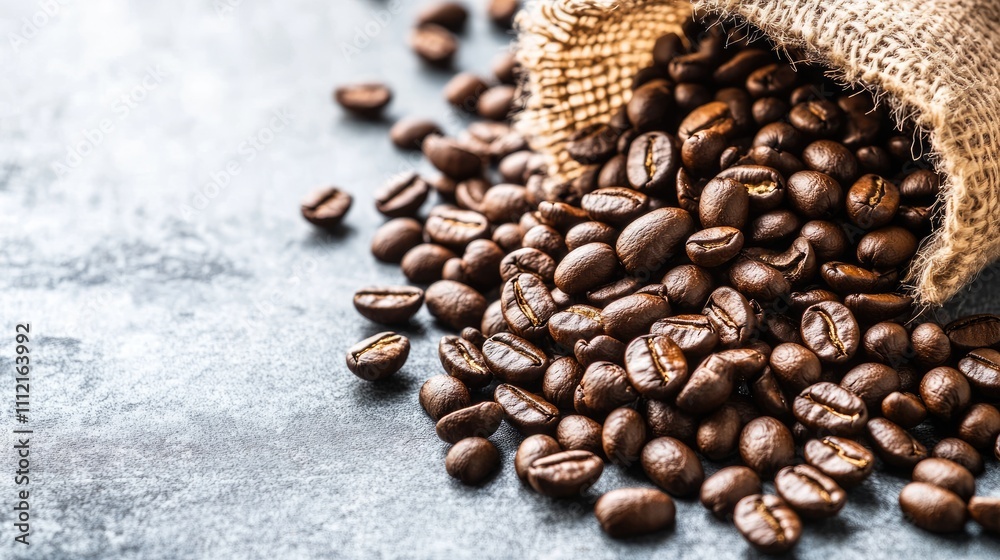 Fresh Coffee Beans Spilling from a Burlap Sack on a Rustic Surface