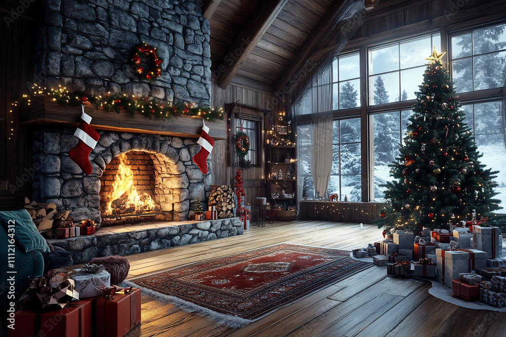 Cozy Christmas Cabin With Fireplace And Decorated Tree

