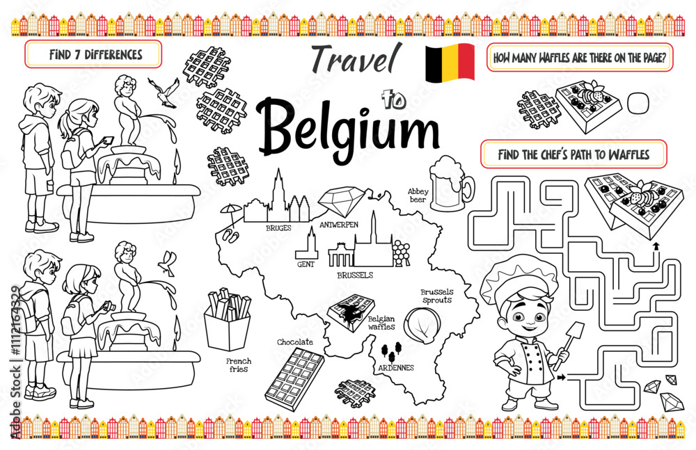 Fototapeta premium A fun placemat for kids. Printable “Travel to Belgium” activity sheet with a labyrinth and find the differences. 17x11 inch printable vector file