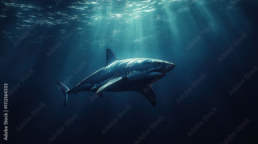 Fototapeta premium Majestic Great White Shark Swimming Gracefully Underwater in Mysterious Ocean Depths with Sunlight Streaming Through Surface Water